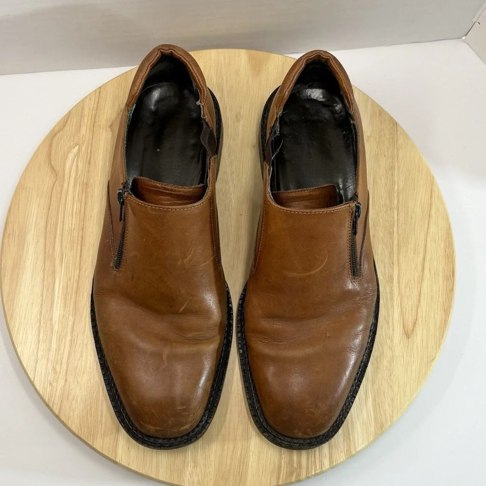 Mens Karl 120 Leather Zip Slip-On Dress Shoes Size 10 M Vibram Soles Tan Brown